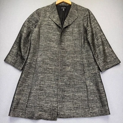 Eileen Fisher Womens Medium Silk Blend Metallic Jacquard Topper Coat Black Gold