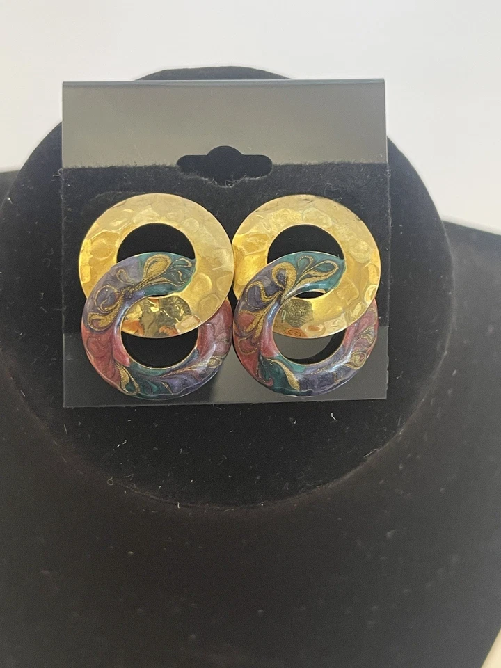 Антикварные серьги висячие в стиле 80-90-х годов, розовые/фиолетовые/золотистые - Изображение 2 из 2