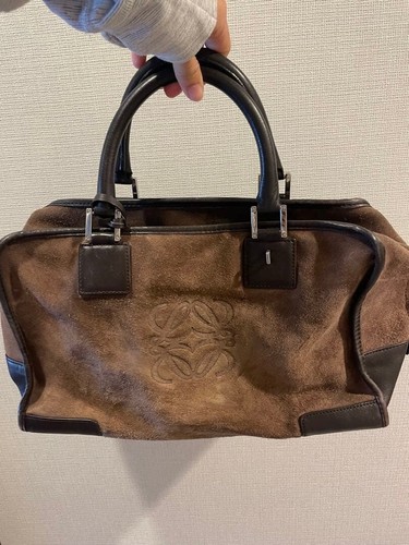 LOEWE Brown Suede Leather Handbag Women Zip Double Handle Silver Hardware