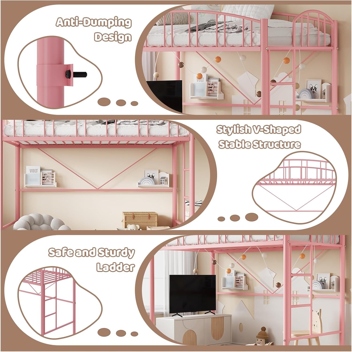 Twin Size Loft Bed Frame Heavy Duty Metal Sturdy Steel with Safety Ladder Pink