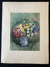 Alfred  Prust Still  Life Flowers  Watercolor Naive Folk Art Primitive Country
