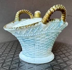 Vintage Victorian Milk Glass Woven Basket with Blue and Gold Handles and Lid