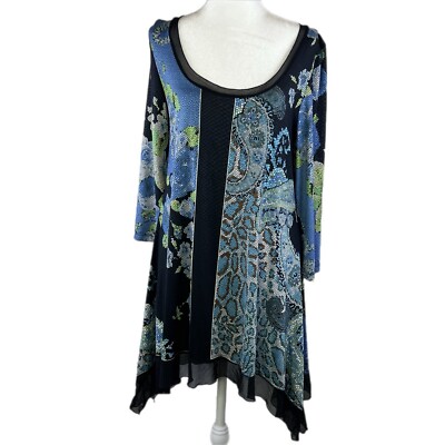 Fairy Dress Lg Tunic Asymmetrical Hem Mosaic Artsy Sheer Print Whimsical  Blue | eBay