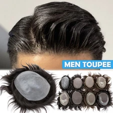 Toupee Men Hair System Full Poly Skin PU Human Hair Replacement Hairpiece Wig US
