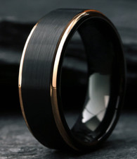 8mm Men Black Brushed Tungsten with Gold Grooves Brushed Wedding Band Ring