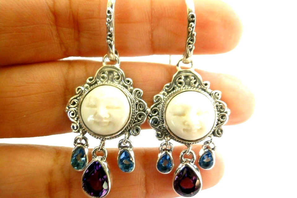Balinese Goddess Close Eyes Amethyst Blue Topaz 925 Sterling Silver Earrings - Image 4 of 4