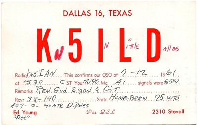 K5ILD 1961 Dallas, Texas TX KN5IAN Ham Amateur Radio Card QSL