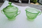 Federal Georgian Lovebirds Uranium Glass Depression Era Cream and Sugar With Lid