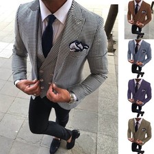 Men Suits Houndstooth Peak Lapel Single Breasted Vintage Casual Business Work