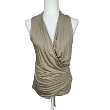 ARJÉ Italy Faux Wrap Ruched Jersey Knit Top Neutral Sz L Quiet Luxury Timeless