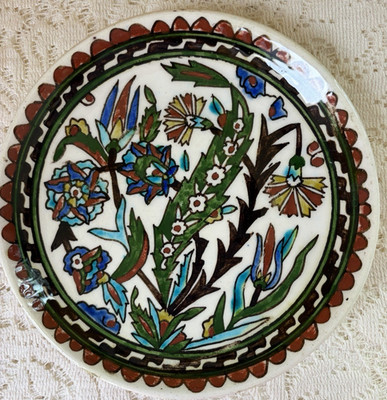 Vintage Turkish KUTAHYA Ceramic Plate Hand Painted Jute Hanger 7'' Artist Mark