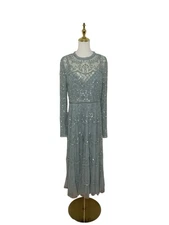 Mac Duggal 9142 Sequined Illusion Long Sleeve Midi Dress Seafoam Size 10 $498