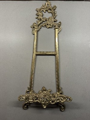 Vtg Gold Tone Metal Easel Display Stand Artwork Photo plate wall missing leg