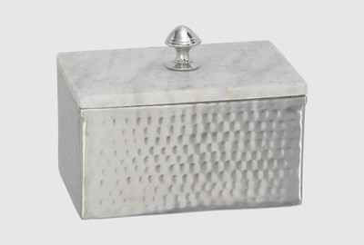Silver Aluminum Metal Hammered Jewelry Box with White Marble Lid