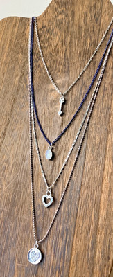 Silver Tone & Dark Blue Chain Layered Necklace Heart Arrow AB Quartz Charms