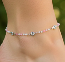 Boho Silver Tone Plated Brass Anklet Dainty Minimalist Round CZ Beaded Pattern