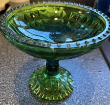 Jeanette Glass Green/ Blue Compote Candy Dish Stunning Colors Vintage 1960's
