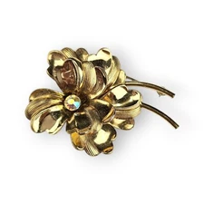 Vintage Flower Brooch 12K Gold Filled Aurora Borealis Rhinestone Forstner 1.75" 