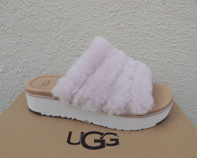 UGG SEASHELL PINK FLUFF YEAH SHEEPSKIN LEATHER PLATFORM SANDALS, US 5/ 36 ~NIB