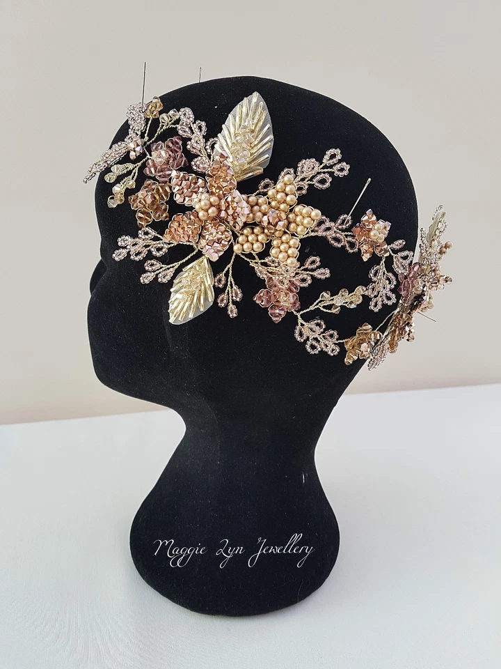 Bridal headdress in Gold, Rose gold, blush & topaz. headpiece statement hairvine - Image 3 of 4