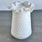 Vtg Fenton White Opalescent Coin Dot Fluted Edge Vase 3” Ruffle Crimped Top