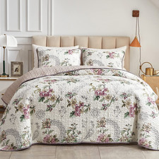 3 Pieces Quilt Set Full/Queen Size, Beige Floral Reversible Bedspread Coverlet S