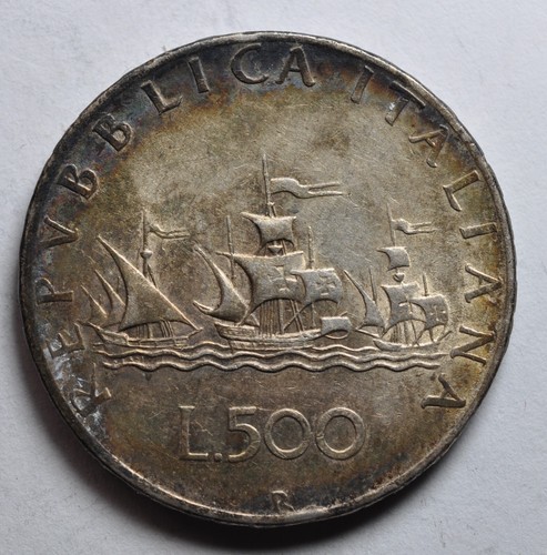 1958 Italian Republic 500 Lire Columbus Ships Silver Patina - Picture 2 of 2