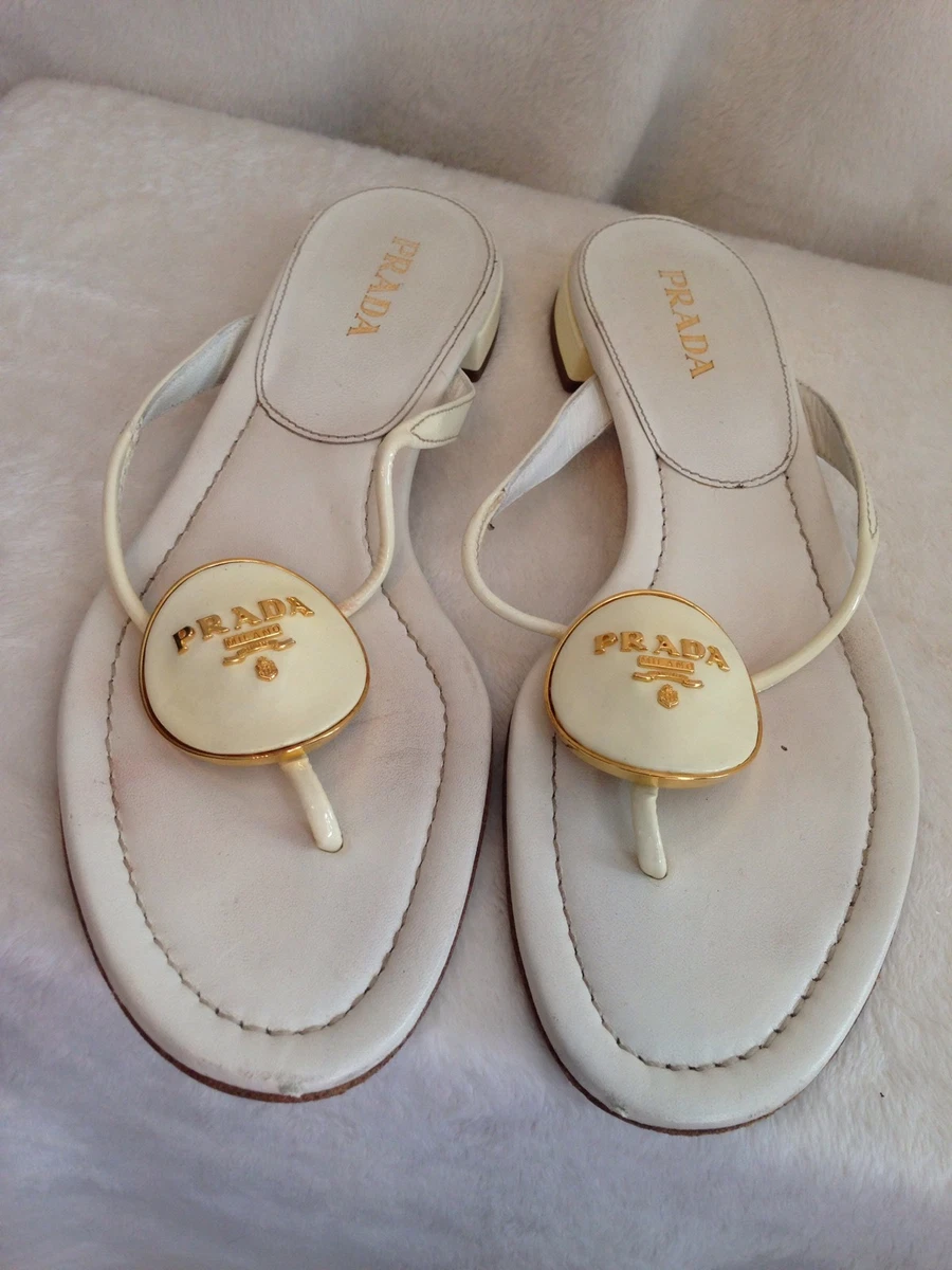 Prada ladies shoes Sandals size 39 8.5 9 Cream Leather Enamel