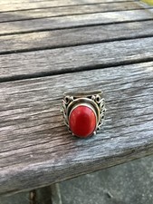Vintage Large Red Coral 925 Whimsical Bohemian Western 7 Chunky Ring Handmade