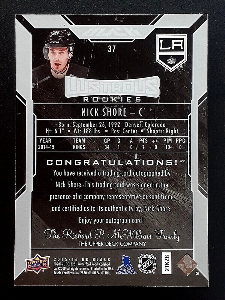 NICK SHORE RC AUTOGRAPH 2015-16 UD BLACK 15-16 NO 37 #066/299     2887 - Image 2 of 2