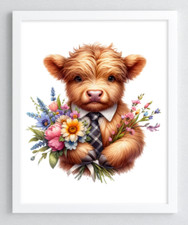 Cow Wall Art Print, Cow With Tie and Flowers Print, Farmhouse Art Home Decor 74