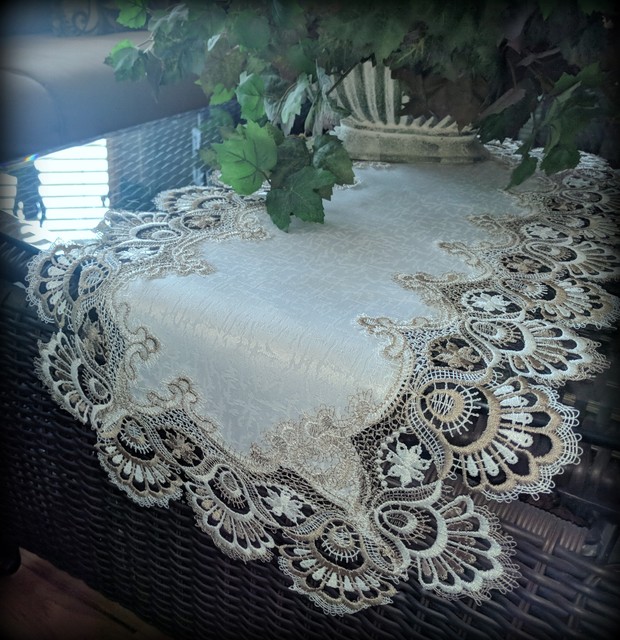 Table Runner Dresser Scarf Taupe Lace Antique White 36" PLUS 2 Round