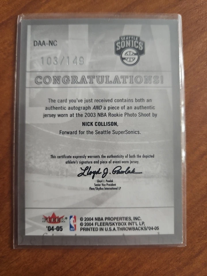 2004-05 Fleer Throwback Nick Collison Autograph Game Used Jersey# 103/149 - Image 2 of 3