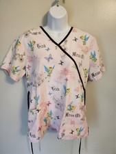 Disney World Pink Tinkerbell Print Scrub Top V- Neck Women's Sz Small