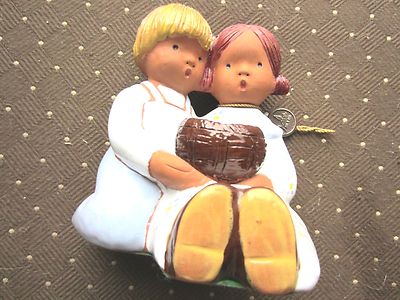 Vintage Jullar Levante Spain Clay Girl & Boy holding a basket, 5'' tall