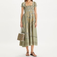 Tory Burch Print Smocked Cotton Dress Women's Size M