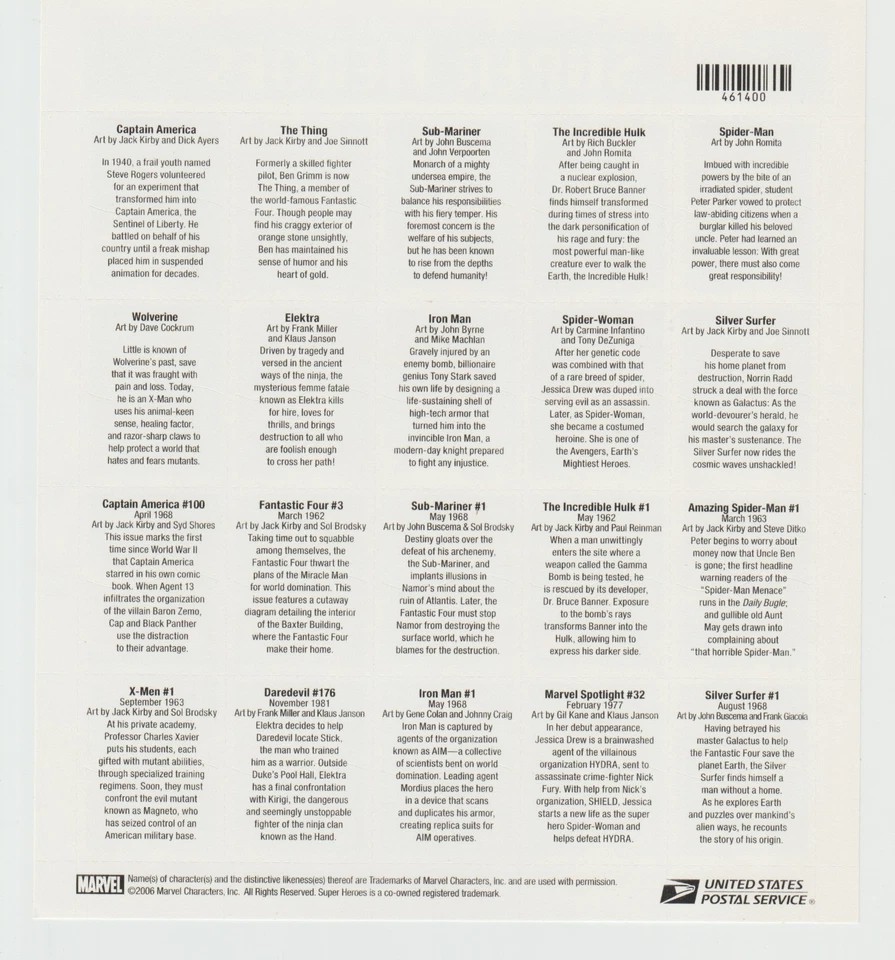 Marvel Comics Super Heroes 2006 EE. UU. Hoja de estampillas estampillas de 41 centavos en estado casi nuevo+ Foto 2 de 2