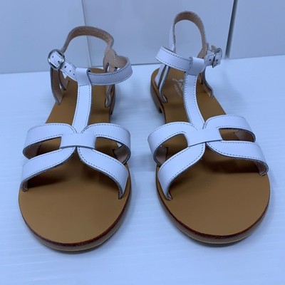 Jacadi Girls 35 (US Size 4) White Leather T-Strap Buckle Flat Sandals New