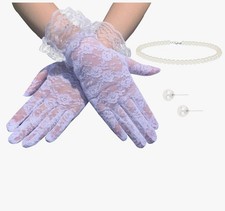 3 Pieces White Floral Lace Gloves Pearl Necklace  Earrings Tea Party Derby