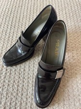 Prada Heel Loafers Square Toe Vero Cuoio Leather Black Women's Size EU35/US5
