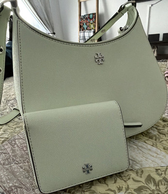 Tory Burch Green Crescent Shoulder Bag Zip Adjustable Strap Logo + Wallet