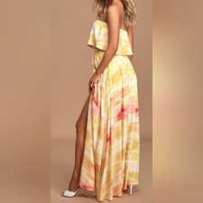 Lulu's NEW Full Of Sunshine Yellow Orange White Tie-Dyed Strapless Maxi Dress S