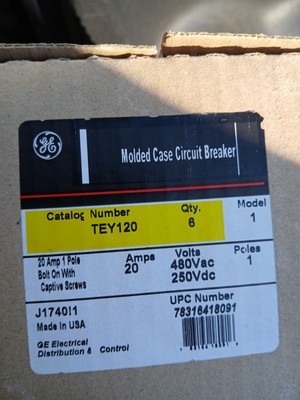 TEY120  GE Circuit Breaker, 1 Pole 20 Amp, Bolt-On, 65kA 277V