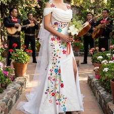 Embroidery Floral Mermaid Wedding Dress Off Shoulder Strap Side Slit Bride Gown