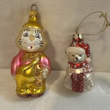 VTG Cat w/Fish & Polar Bear Blown Glass Christmas Ornament Hand-Painted Lot of 2