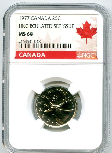 1977 CANADA 25 CENT NGC MS68 CARIBOU QUARTER RED MAPLE LEAF LABEL