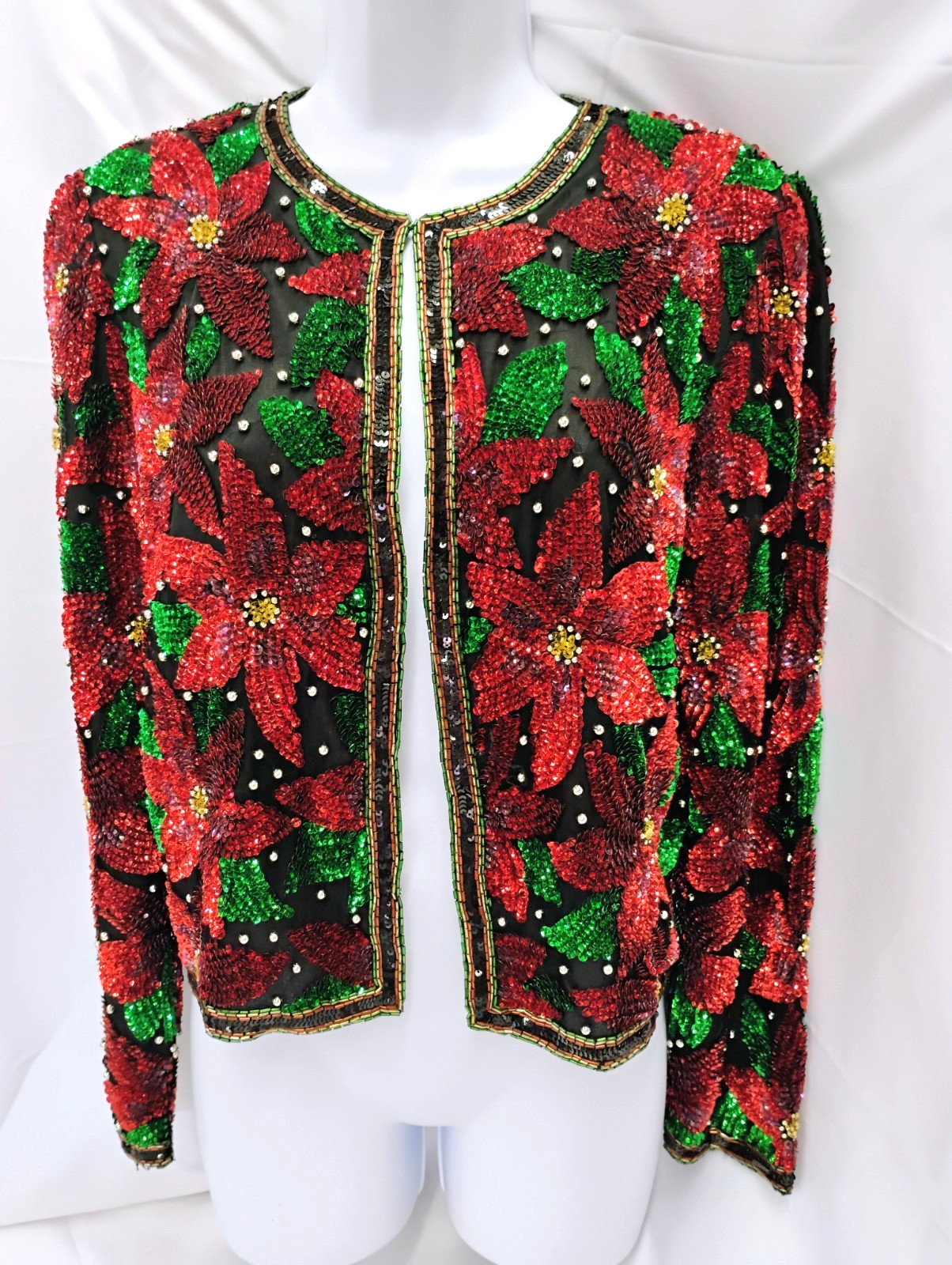 Laurence Kazar Paris New York Vintage Poinsettia Sequin Jacket Size Small