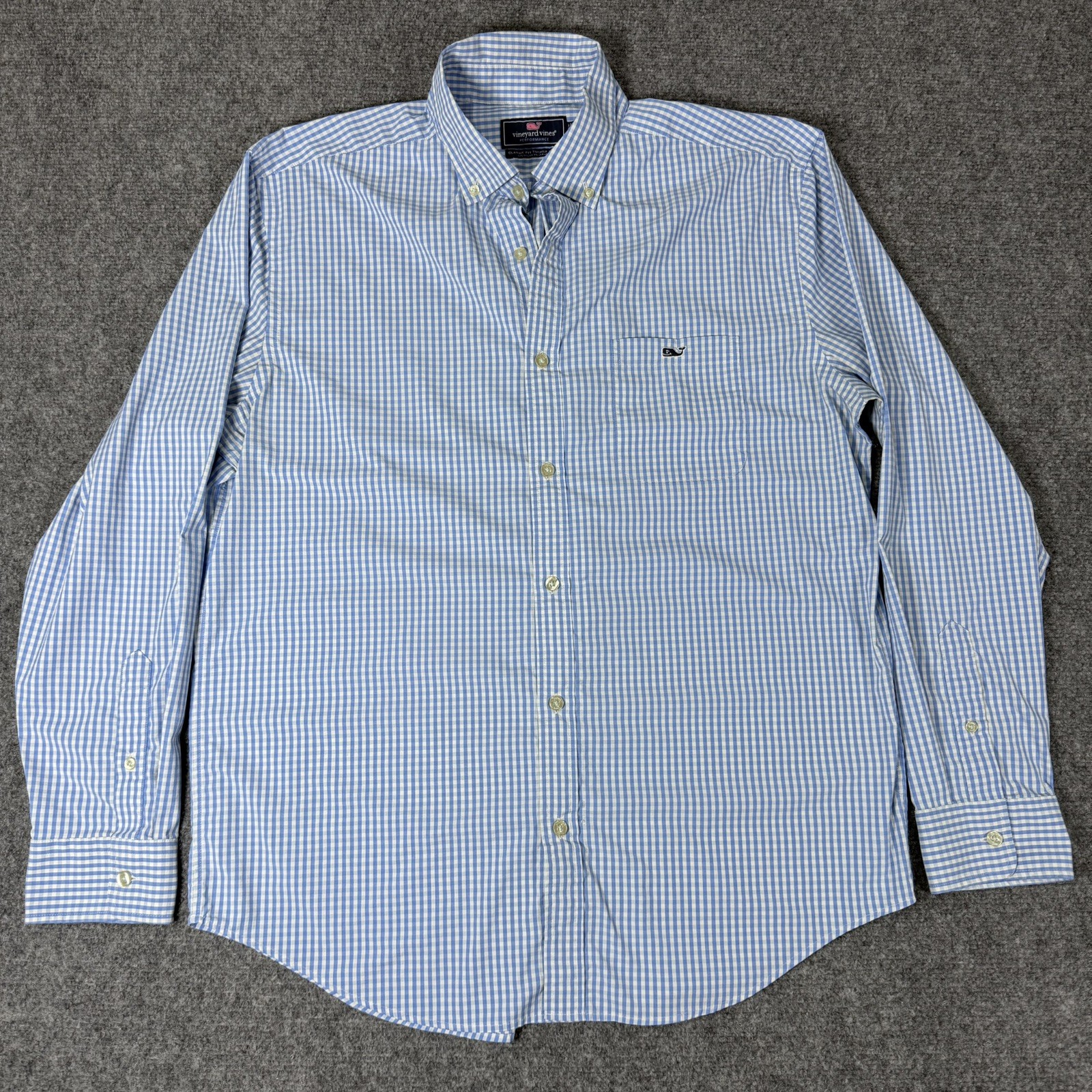 🐳 Vineyard Vines Performance Shirt Mens Large Blue Gingham Classic Fit Tucker