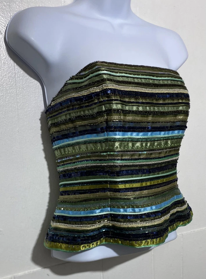 Top Kay Unger New York para mujer 8 verde azul con cuentas lentejuelas sin tirantes bustier de seda Foto 3 de 4