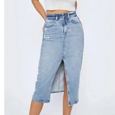 Cello Womens Light Wash Distressed Denim Midi Skirt Front Slit High Waist Large